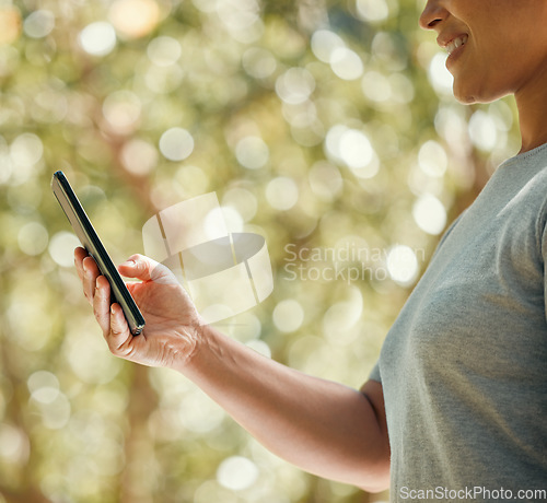 Image of Woman, phone and climate change app for nature park, sustainability and environment management. Zoom, smile or happy agriculture volunteer hand with 5g mobile technology for recycle community charity