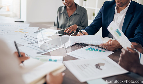 Image of Paper documents research, business people hands and team planning data, budget logistics and marketing meeting. Closeup company group employees, strategy analytics ideas and finance report management