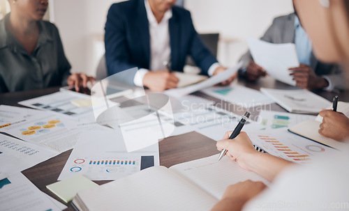 Image of Marketing, advertising or finance team planning meeting with document in a corporate work office. Collaboration, teamwork and project management logistics of business people in a startup company