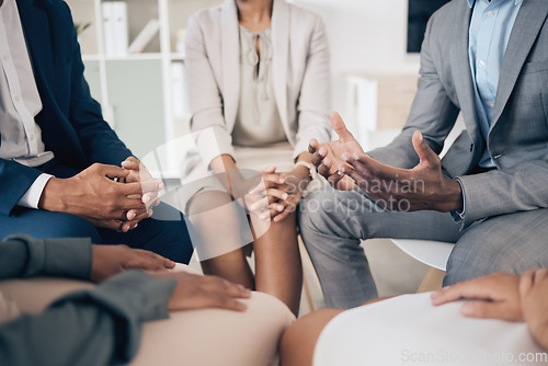 Image of Business people in group therapy, workshop and communication with mental health, stress or conversation in office. Support worker talking, discussion or speaking in team building at company workplace