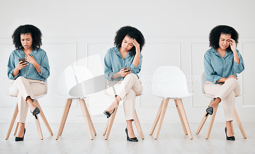 Image of Woman on phone after business job interview, angry or frustrated after being rejected by hr and becomes overwhelmed getting a notification via text. Talent, experience and standing out is a priority