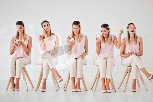 Image of Woman with phone in waiting room for interview, on call and reading email with good news. Girl wait for hiring manager, communicate on smartphone via app, express happy emotion or feeling