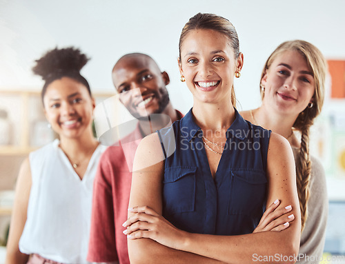 Image of Partnership, collaboration and proud woman leader working with diverse team in corporate office. Boss, motivation and strategy discussion in a meeting with happy partner standing in support of goal