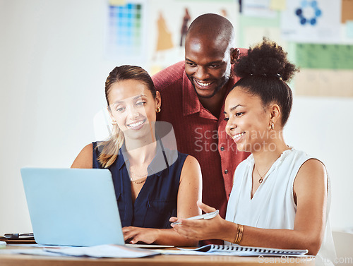 Image of Teamwork, planning and digital marketing strategy in a meeting with laptop in startup office with diversity while discussing online data. Creative team, collaboration and support while sharing ideas