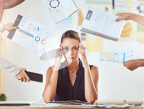 Image of Work, stress burnout and anxiety headache of a business woman overwhelmed with work documents. Tax paperwork, audit information and multitask project of a working woman suffering with mental health