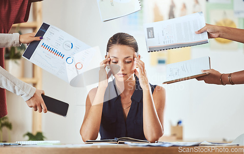 Image of Stress, headache and burnout with business woman feeling overwhelmed by a busy schedule and deadline in an office. Corporate employee suffering anxiety and mental breakdown from workload and tasks