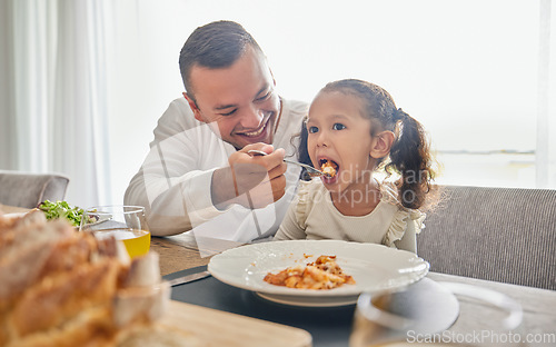 Image of Father feed lunch food to girl for support with health, child development and growth while relax at home. Eating meal, dad or man feeding kid daughter while happy and enjoy quality time together