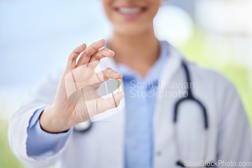 Image of Healthcare, medicine and pills in a hand of a doctor working in a hospital for health, wellness and insurance. Medical medication and antibiotic in the hands of a healthcare practitioner in a clinic