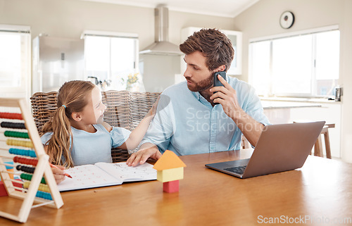 Image of House, kid study and working dad using phone doing child care and remote work. Family home of a man helping his girl with school learning help while on a corporate business call by a computer