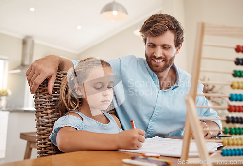 Image of Student, writing and learning girl with dad teacher help with math problem homework solution together in living room. Happy homeschool class dad or father teaching kid abacus and numbers education