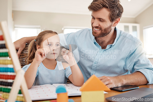 Image of Education, family and e learning with father and child for kindergarten, homeschooling or knowledge at home. Online, preschool and remote young girl and dad with homework, study or internet