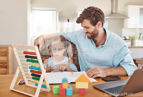 Image of Math, school work and family learning for education together, working on knowledge and help with project at table in house. Girl and father counting on fingers with books and studying in home