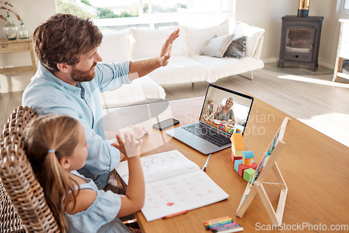 Image of Video call, education and learning with a girl, father and teacher in a remote meeting on a laptop from home to attend a virtual class. Studying, technology and school with a man and daughter waving