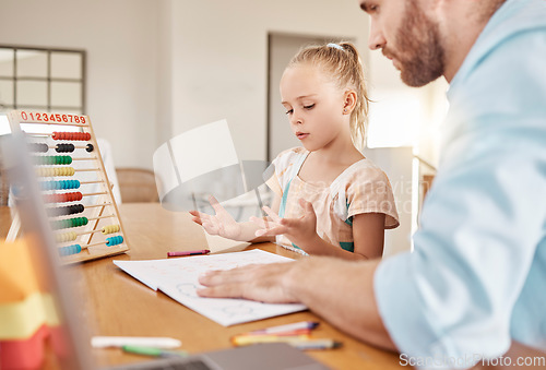 Image of Education, homeschooling and learning of a father and child teaching maths with abacus at home. Daughter counting on fingers with dad helping with homework in mathematics or problem solving activity