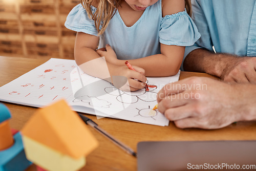 Image of Girl, student and teacher with color crayon for creative lesson for hand coordination skills. Education, learning and school workbook art activity with child and professional tutor in home.