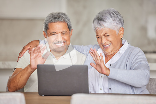 Image of Video call, laptop and senior couple networking online with home wifi looking relax, happy and healthy in retirement. Virtual zoom communication elderly people and woman for global love connection