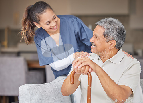 Image of Healthcare, kindness and support with nurse helping elderly patient in assisted living home, smile and content. Happy senior man bonding with a friendly caregiver, talking and laugh together on sofa