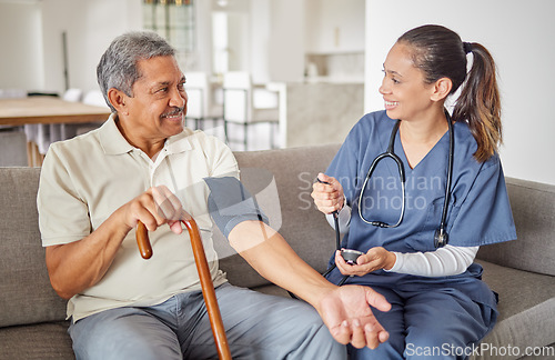 Image of Blood pressure, senior man or nurse in healthcare, medical wellness or insurance check. Happy, trust or consulting medicine worker or caregiver on nursing home sofa with retirement disability elderly