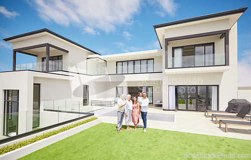 Image of Portrait of happy family moving into their luxury home, house or real estate property in summer. Homeowner, grandparent and girl standing on the garden grass ready to move in with a smile together