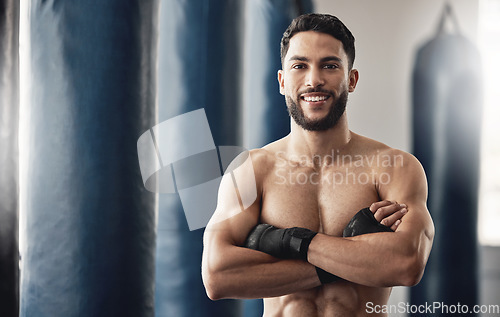 Image of Boxing training, workout portrait and boxer for sports motivation, fitness for wellness and sport exercise at the gym. Strong, healthy and smile athlete with muscle power for competition fight