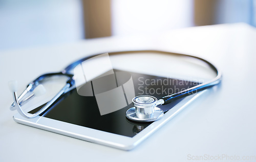 Image of Medical online app consultation, tablet technology and stethoscope in healthcare access service ux. Digital innovation, access to medicine doctor and mobile communication internet network connection