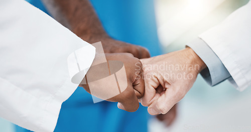 Image of Fist bump hands, healthcare teamwork and group support for medical goals, collaboration and mission. Closeup doctor group motivation, partnership and success celebration for medicine solidarity trust