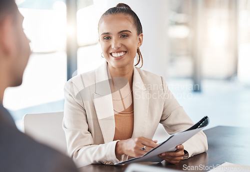 Image of Business contract, client and woman marketing employee with a smile in a meeting room. Happy corporate worker working on advertising pitch for a b2b and crm partnership feeling happiness and success