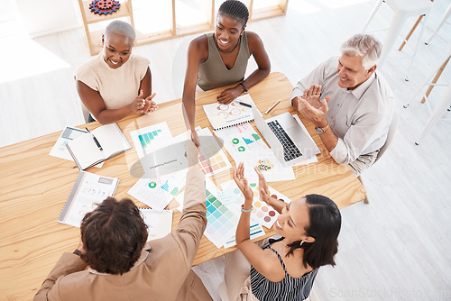 Image of Handshake, welcome and thank you with business people shaking hands and their team in celebration with applause. Teamwork, b2b and achievement with a work group reaching an agreement, deal or goal