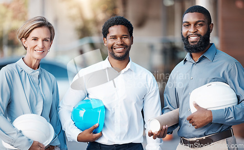 Image of Engineer portrait, architect work and smile for team collaboration on construction design in the city, working on building architecture and happy with partnership. Team of maintenance workers on site