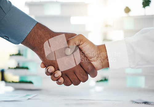 Image of Management shaking hands, business meeting and consulting, hiring and agreement for deal, partnership and collaboration in office. Teamwork welcome handshake, promotion opportunity and welcome hello