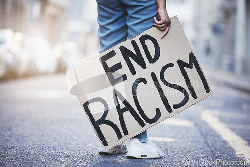 Image of Protest poster to end racism, stop race discrimination and human rights legal justice, equality and freedom for world peace. Street activist fight for social change, rally and solidarity revolution