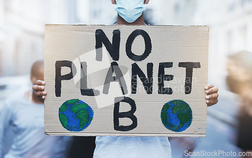 Image of Climate change and protest poster for social change with environmental responsibility motivation. Global warming and pollution awareness campaign activism sign with thoughtful political statement.