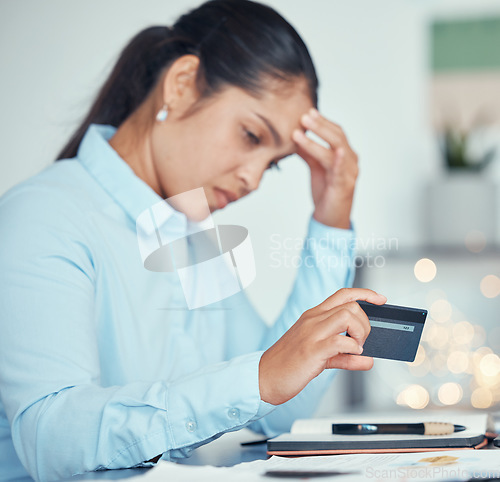 Image of Confused woman and finance debt on credit card for invoice payment in mental panic at desk. Stressed and anxious entrepreneur girl with bankruptcy loan crisis sad about failure of business.