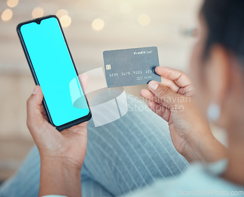 Image of Green screen, woman with phone and credit card in hand for online shopping, ecommerce and payment. Fintech, finance and online payment with digital, internet and bank website app on smartphone.