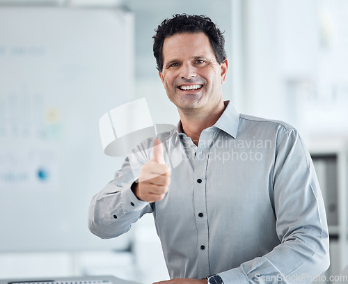 Image of Portrait of happy business man with thumbs up or smile for good work and congrats on job promotion success. Yes or motivation from marketing or advertising employee worker for target goal achievement