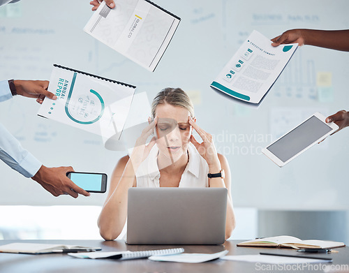 Image of Business woman stress, anxiety and mental health burnout in busy, challenge crisis and frustrated office workplace. Worker headache, poor time management and tired from job pain problem and tax audit