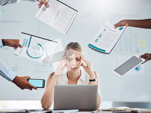 Image of Stress, anxiety and business woman working under pressure with mental health burnout in busy, task crisis and frustrated office. Manager with headache and poor time management during tax audit report