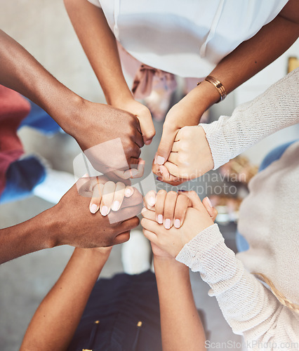 Image of Support, prayer and trust with people holding hands in counseling for mental health, wellness or teamwork. Worship, hope and community group therapy for help, solidarity or spiritual faith from above