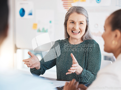 Image of Senior woman, leadership and business meeting with office team for planning vision, collaboration and strategy in startup company. Happy manager coaching staff with motivation in agency discussion