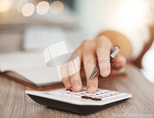Image of Calculator, budget and financial hands planning numbers, banking and trade cost, savings and company audit. Closeup man in asset management, accounting pay and investing taxes finance for bookkeeping