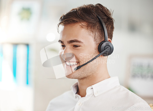 Image of Happy sales man, call center agent, and contact us telemarketing worker customer service help desk in office. Smile salesman connect on headphones for crm consulting, support advice and consulting