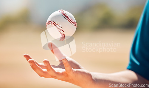 Image of Sports athlete catch baseball with hand on playing game or training practice match for exercise or cardio at stadium field. Young man, fitness and softball athlete with successful strong pitching arm