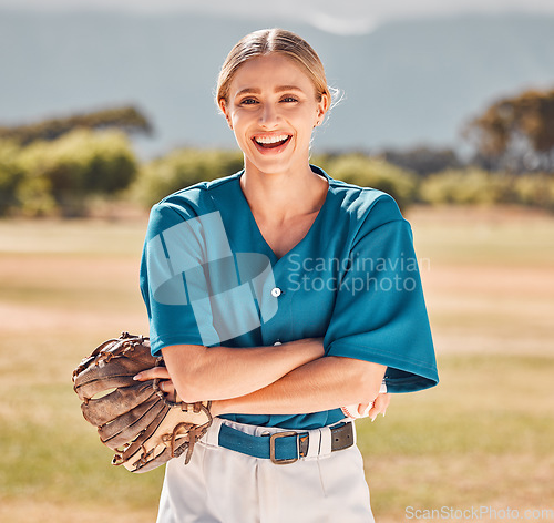 Image of Woman, baseball and sports athlete on field in stadium for training, exercise and workout. Portrait, smile or happy professional player with glove, ball and motivation for health goal or game fitness