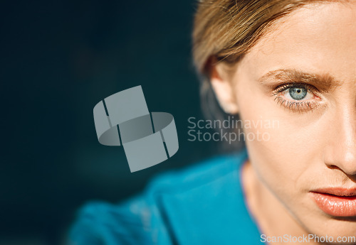 Image of Blue eyes, woman or face with vision, innovation idea or planning in security, humanity or safety. Zoom portrait, model skin or texture of thinking person on mockup background with memory inspiration