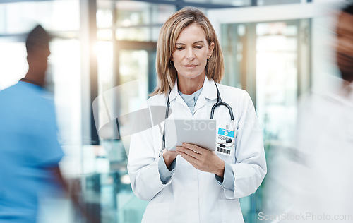 Image of Woman doctor, digital tablet planning and healthcare working in busy hospital on medical research, online test results and technology. Mature, focus and expert telehealth surgeon connect clinic app