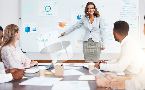 Image of Business manager doing a corporate presentation to a team in the company conference room. Business meeting with graphs, charts and data paperwork for planning a management strategy on a project.