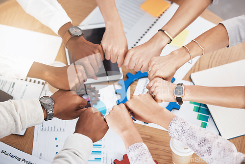 Image of Acounting team, collaboration and hands for collaboration, teamwork and diversity during meeting for motivation, planning and management meeting, Crm and data analysis men and women in unity