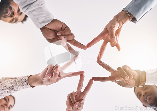 Image of Peace hands, collaboration group and motivation for support, solidarity and partnership together. Below of teamwork people making start emoji with fingers for trust, hope and commitment to vision