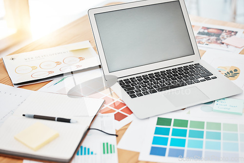 Image of Laptop, color swatch and paper documents for interior design idea, creative startup and innovation vision. Zoom on technology, notebook or infographic chart data for office company website background