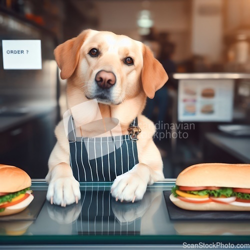 Image of dog working hard behind the counter 